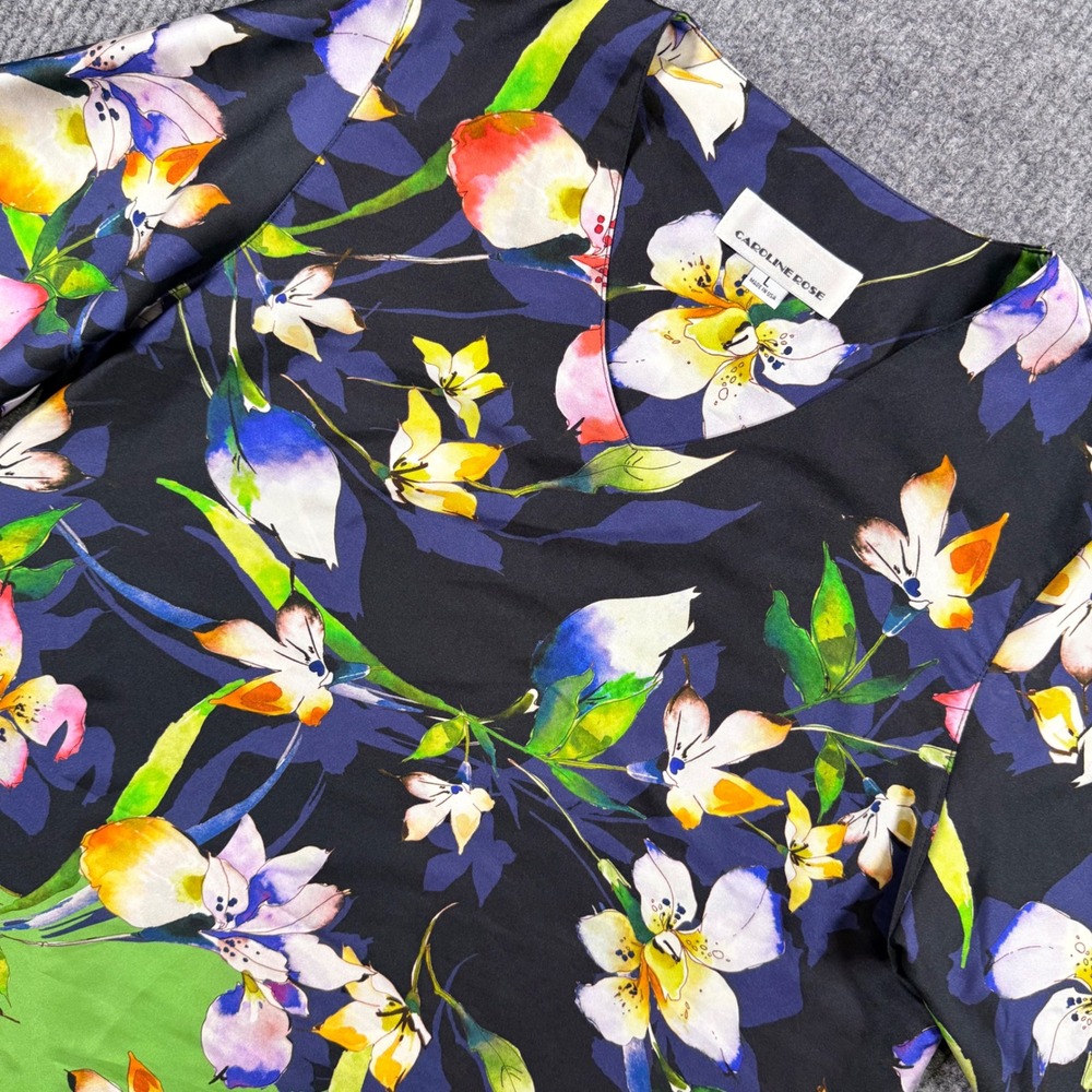 Caroline Rose Floral V-Neck Sharkbite Tunic Top Navy Green Large Made in USA